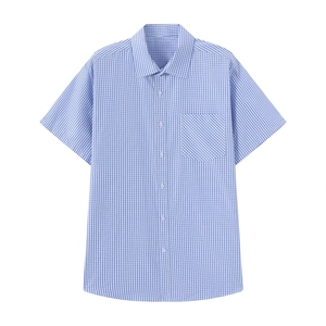 Men's light blue gingham short sleeve shirt with chest pocket on white background