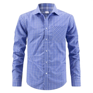 Men's blue and white checkered formal shirt with chest pocket and white buttons