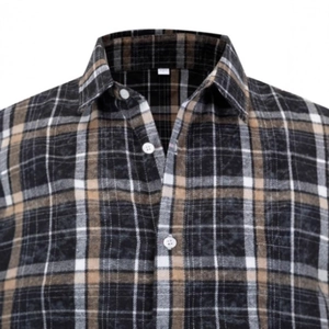 Men's casual long sleeve shirt with classic brown and black check pattern and button collar
