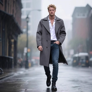 Manteau croisé en laine grise pour homme avec revers classiques, style mi-long chic