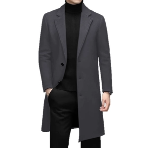 Men's mid-length grey wool coat with notch lapels and black buttons in business style