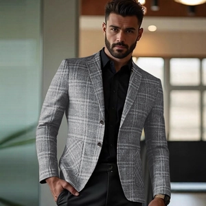 Mens slim fit grey plaid blazer jacket for business casual wear in office setting