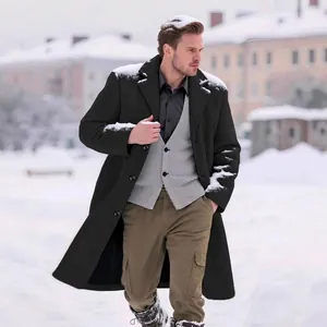 Manteau Homme Business Casual Effet Laine Simple Boutonnage Mi-long Trench-coat Col à Revers Mode Hivernale
