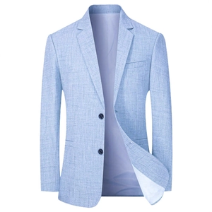 Giacca blazer celeste da uomo con revers a dente e trama effetto lino su bianco