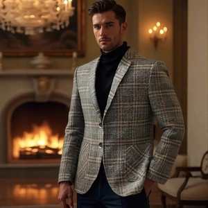 Men's light blue plaid casual blazer with black turtleneck in a luxury interior