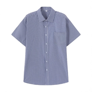 Men's blue and white checkered short sleeve shirt with chest pocket and classic collar