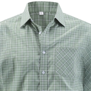 Men's classic plaid dress shirt in light green with formal collar and front pocket