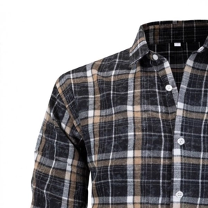 Classic black and brown plaid flannel shirt for men with a formal spread collar and buttons