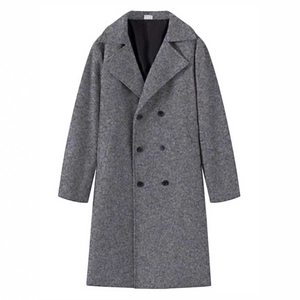 Manteau long gris croisé pour homme en laine mélangée avec revers classiques et col tailleur