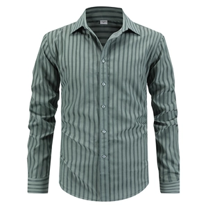 Men's striped long sleeve shirt in grey-green with classic lapel and vertical stripes