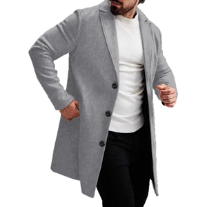 Men's light grey mid-length trench coat with classic lapel collar and three button closure