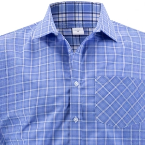 Men's blue plaid dress shirt with front pocket and US size M tag in classic casual style