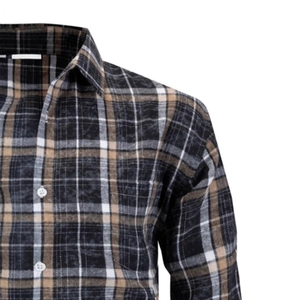 Classic flannel plaid shirt for men with black and brown stripes and a button-down collar