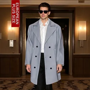 Men Mid Length Double Breasted Trench Coat Peaked Lapel Solid Color Polyester Business Casual Overcoat For Office Daily Wear