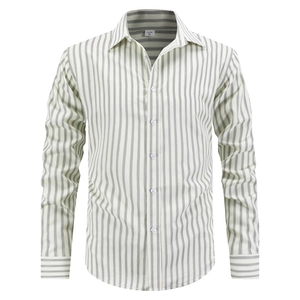 Men's business casual striped long sleeve shirt in light beige with lapel and button detail
