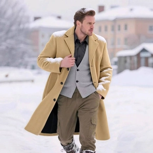 Manteau en laine camel pour homme coupe mi-longue classique avec boutons pour l'hiver