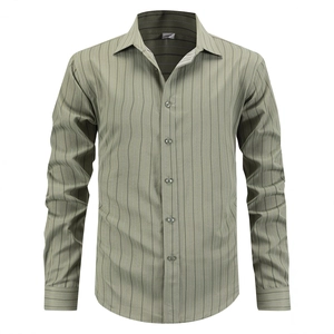 Chemise à rayures pour hommes vert olive avec manches longues et col à revers
