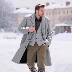 Manteau mi-long en laine gris clair pour hommes avec col à revers et style hivernal décontracté