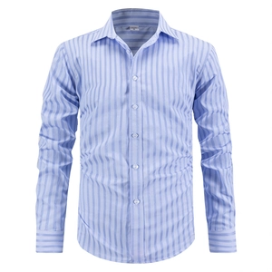 Men's light blue vertical striped long sleeve shirt with classic lapel collar in US size