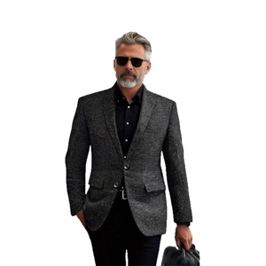 Men's charcoal grey business casual blazer jacket with classic notched lapels and single-breasted