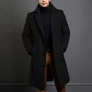 Mens slim fit black wool long trench coat with notched lapel and business casual style