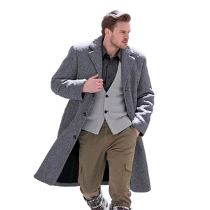 Manteau long gris en laine pour homme avec revers classique et effet de neige hivernale