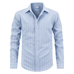 Chemise business rayée à manches longues pour hommes en bleu clair et col boutonné