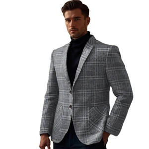 Men's casual light grey plaid blazer jacket with notch lapel and two-button closure