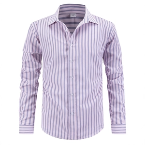 Men's business casual long sleeve shirt with classic purple and white vertical stripes