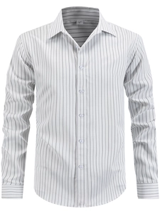 Mens business casual long sleeve striped shirt in white with black stripes and lapel collar