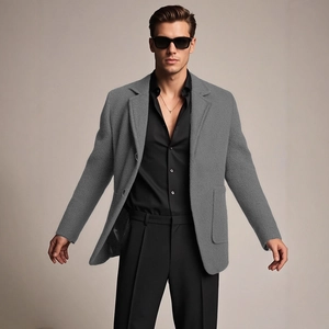 Men's grey wool-textured single-breasted blazer with a tailored fit and business casual style