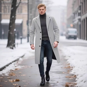 Classic slim fit light grey men's wool blend overcoat for winter street fashion