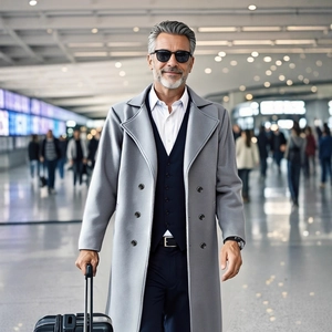 Manteau long croisé gris clair pour homme avec costume d'affaires et valise