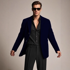 Men's navy wool blend single-breasted blazer for business casual smart wear