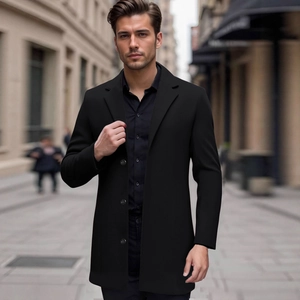 Elegant slim fit men's black wool trench coat with single-breasted design for business