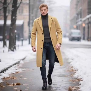 Men's mustard yellow wool trench coat in mid-length slim fit for winter fashion