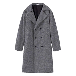 Classic men's double-breasted grey wool blend pea coat with wide lapels and black lining
