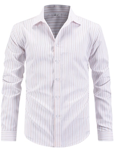 Men's white long sleeve business shirt with thin orange vertical stripes and point collar