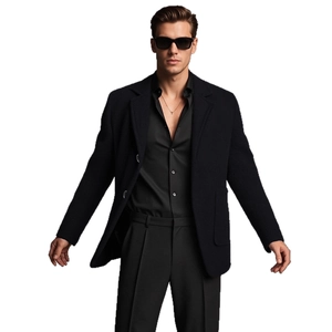 Mens black wool blend blazer jacket three-piece suit with slim trousers and shirt