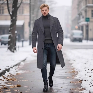 Classic dark grey wool trench coat for men with notched lapel in snowy winter outdoor scene