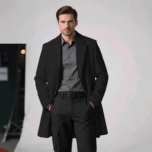 Men Mid-Long Overcoat Business Casual Notch Lapel Single Breasted Wool Blend Coat For Autumn Winter Fashion Warm Outerwear