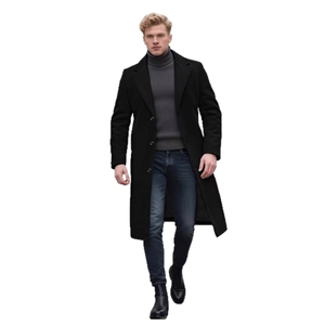 Men's classic black wool blend overcoat with single-breasted buttons and notch lapel
