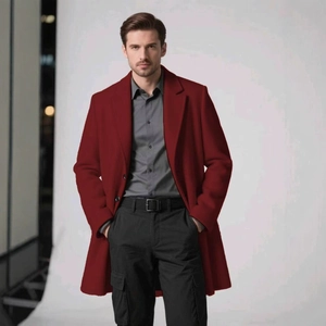 Mens dark red mid-length wool coat with classic lapels and business casual style