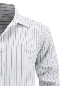 Detail of the grey vertical stripes and button collar on a men's business shirt