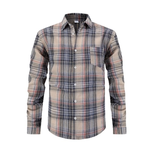 Men's slim-fit long sleeve plaid shirt with beige and navy checkers and chest pocket