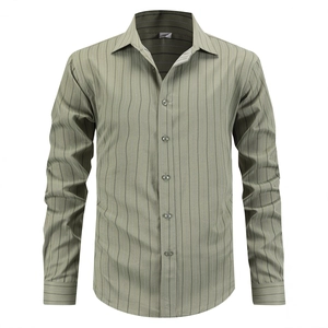 Chemise homme décontractée à manches longues rayée vert gris avec col à pointe classique