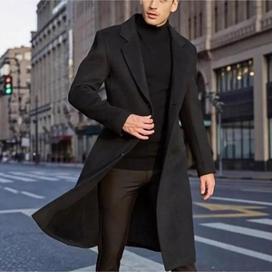 Manteau long en laine noir classique pour hommes avec col à revers pour l'automne-hiver