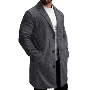 Manteau mi-long gris en laine pour hommes avec revers classiques et boutonnage simple frontal
