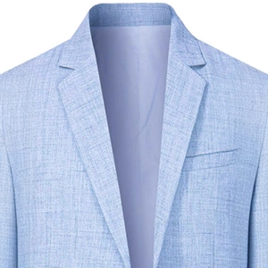 Men's light blue business casual suit jacket with notched lapel and linen texture