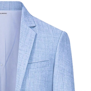 Men's light blue casual business suit jacket with breathable linen texture and lapel detail